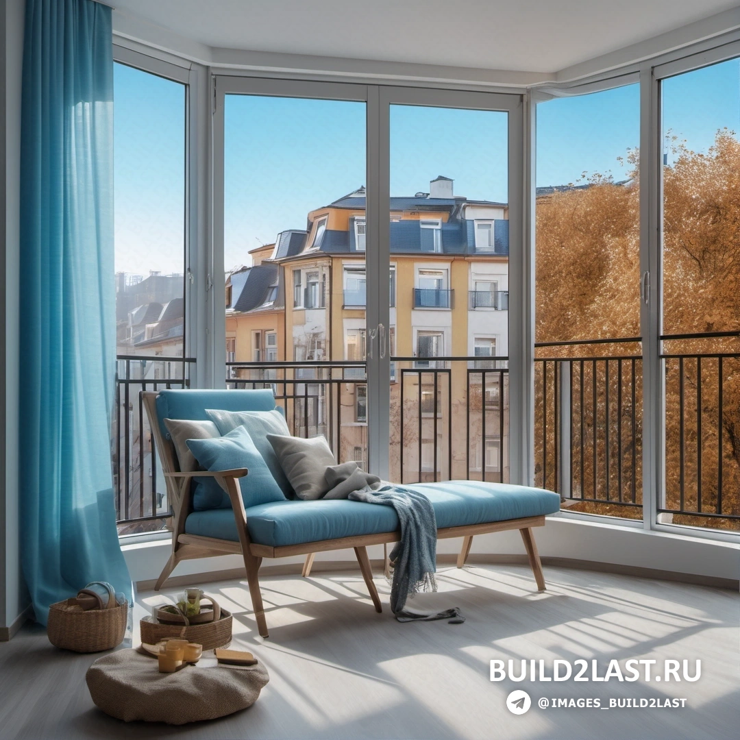 Фотореализм - цифровой рендеринг. Синий стул в гостиной рядом с окном с видом на город за его пределами.