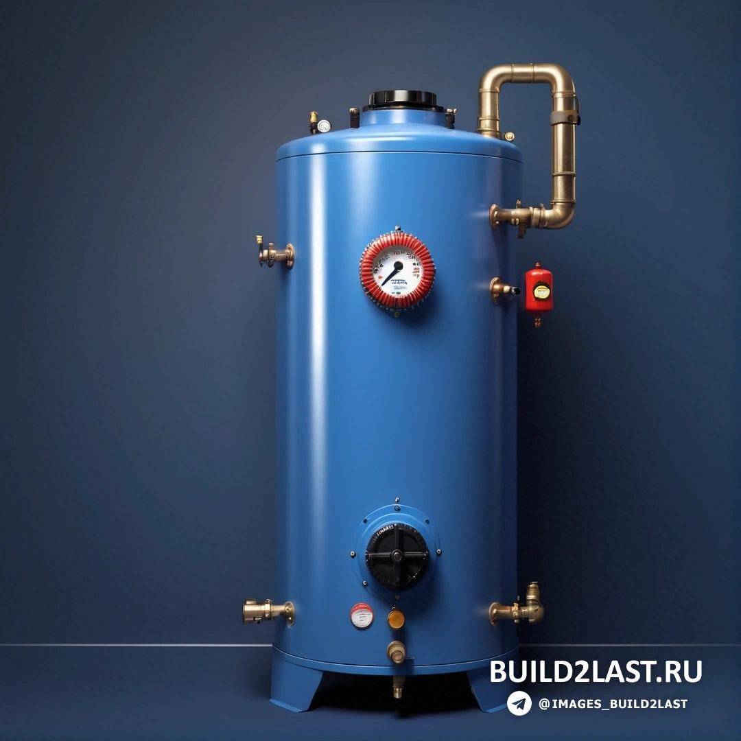 Некогеренты - 3D рендеринг. Синий водонагреватель с манометром на боковой стороне и трубой, идущей от него сбоку.