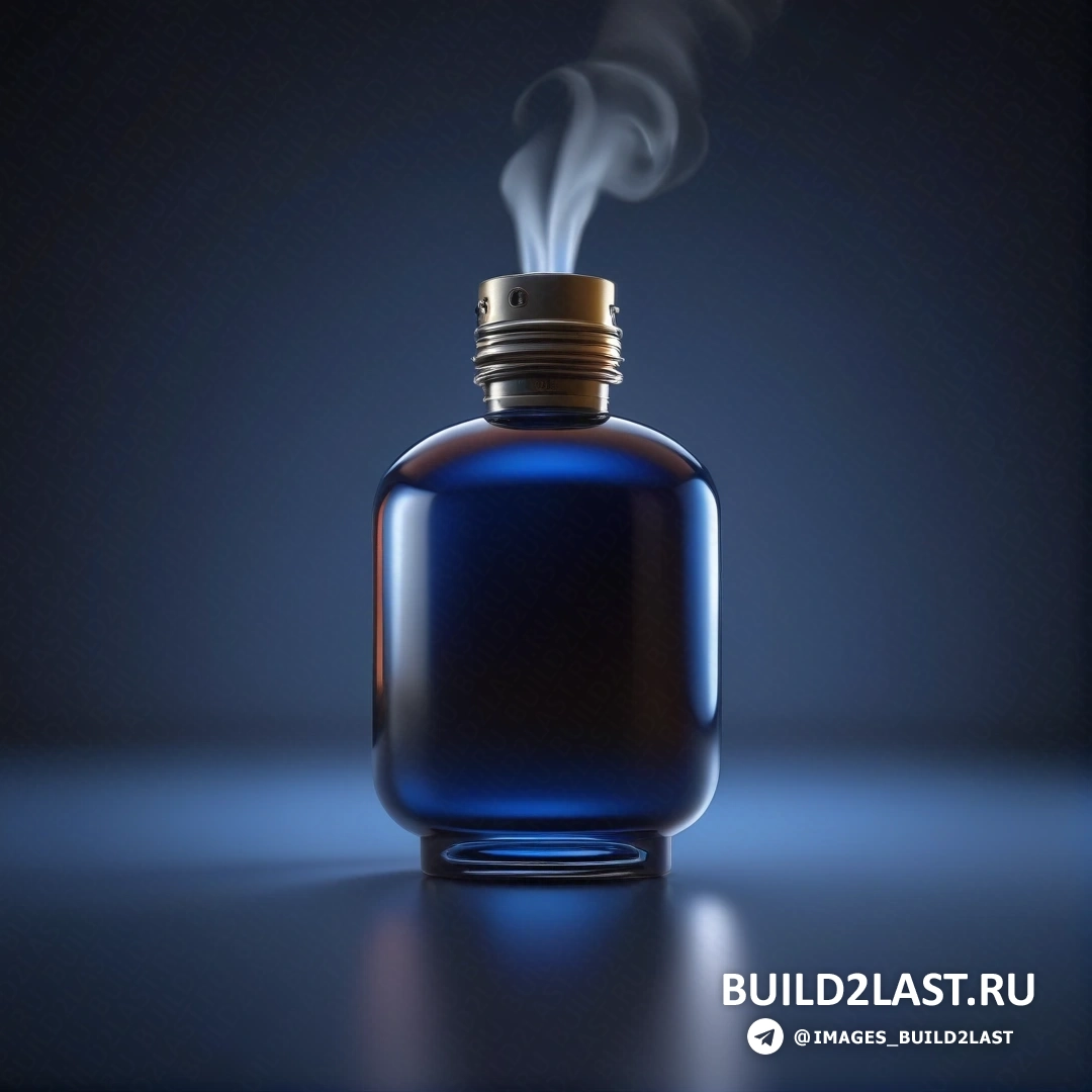 Неопластицизм - визуализация с окклюзией окружающего пространства. Синяя бутылка с паром, выходящим из нее на синем фоне