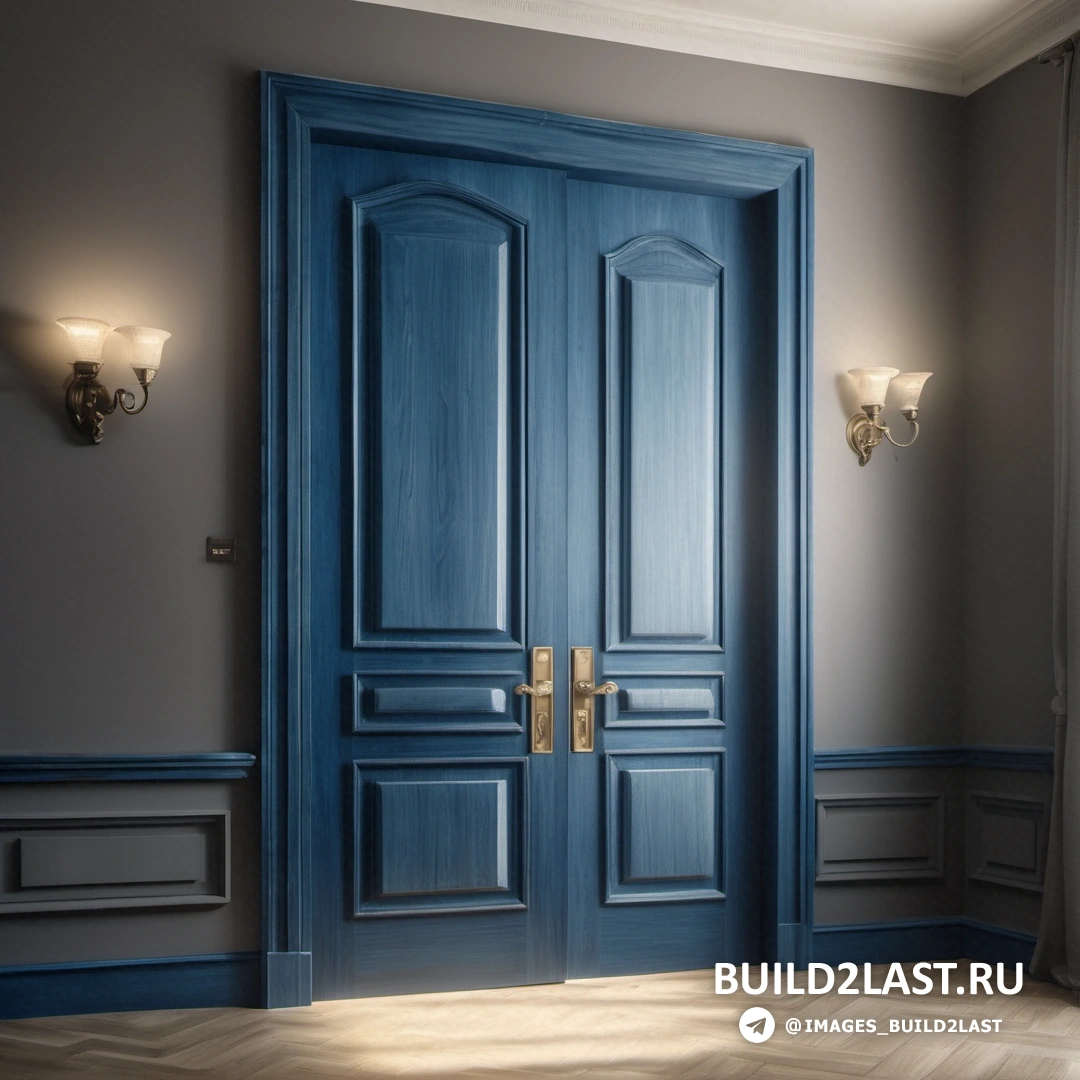 Неоклассицизм - 3D рендер. Синяя дверь в комнате с двумя лампочками на стене и деревянным полом перед ней.