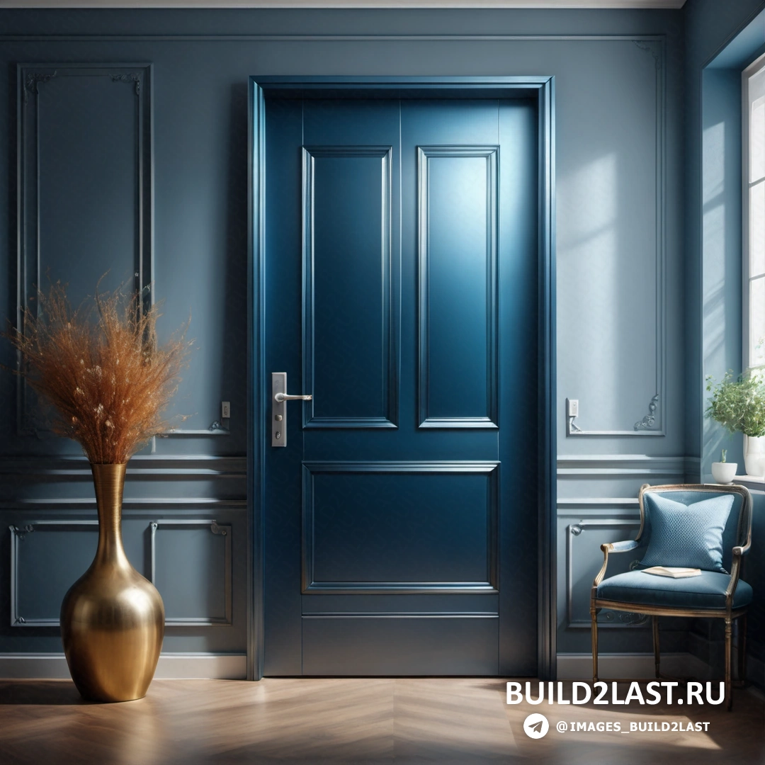 Фотореализм - 3D рендер. Синяя дверь в комнате со стулом и вазой с растением и окном.