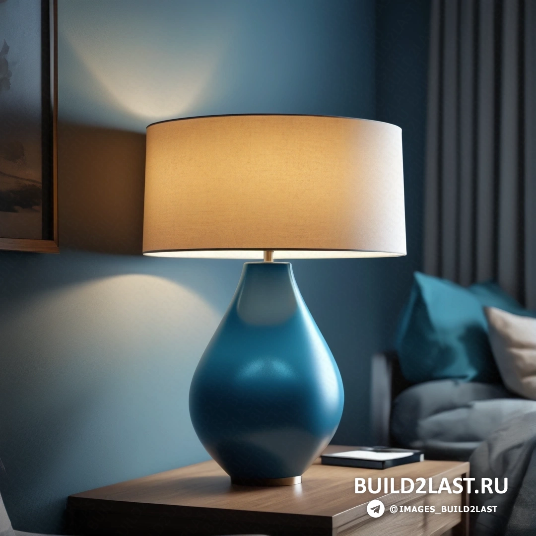 Фотореализм - 3D-рендер. Синяя лампа на столе в комнате с синим диваном