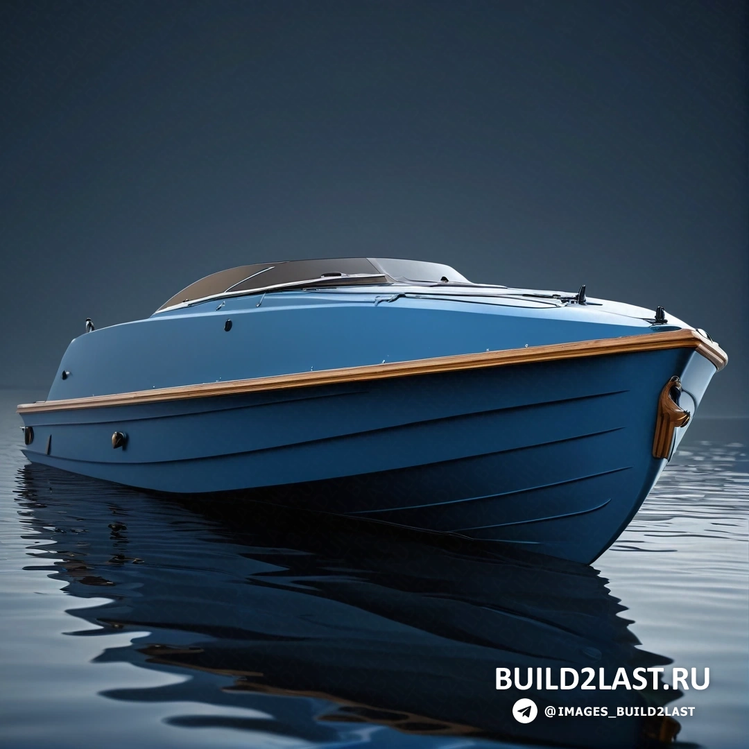 Фотореализм - 3D-рендер. Синяя лодка плывет по поверхности воды на фоне неба