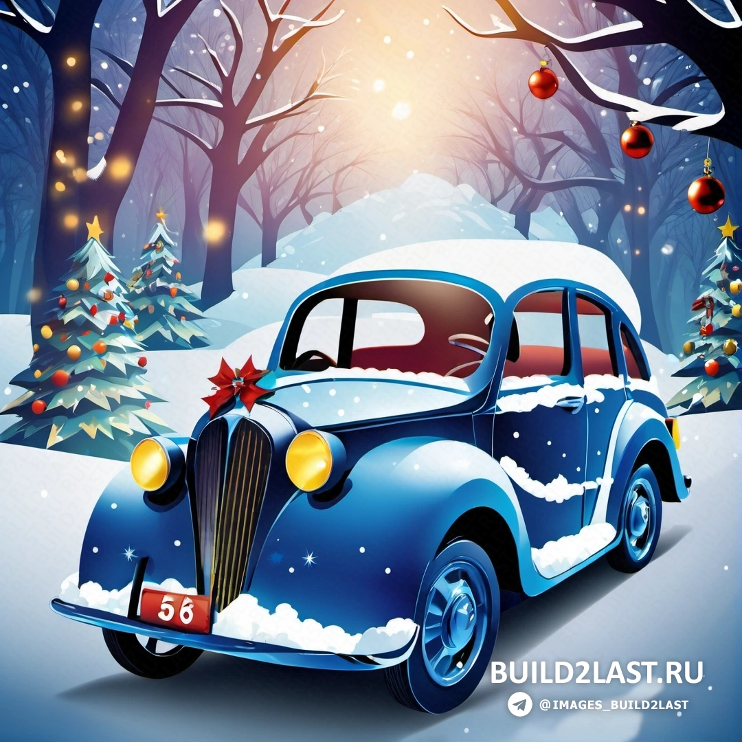 синяя машина едет по заснеженной дороге рядом с рождественской елкой, наполненной огнями и украшениями