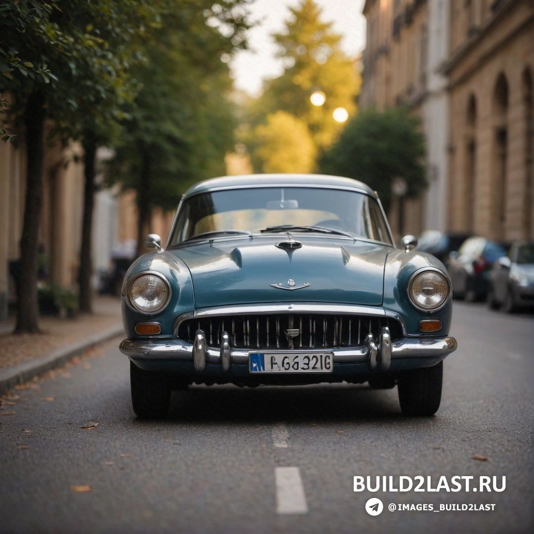 Фотореализм - сверхтонкая детальная живопись. Синяя машина припаркована на обочине дороги на городской улице