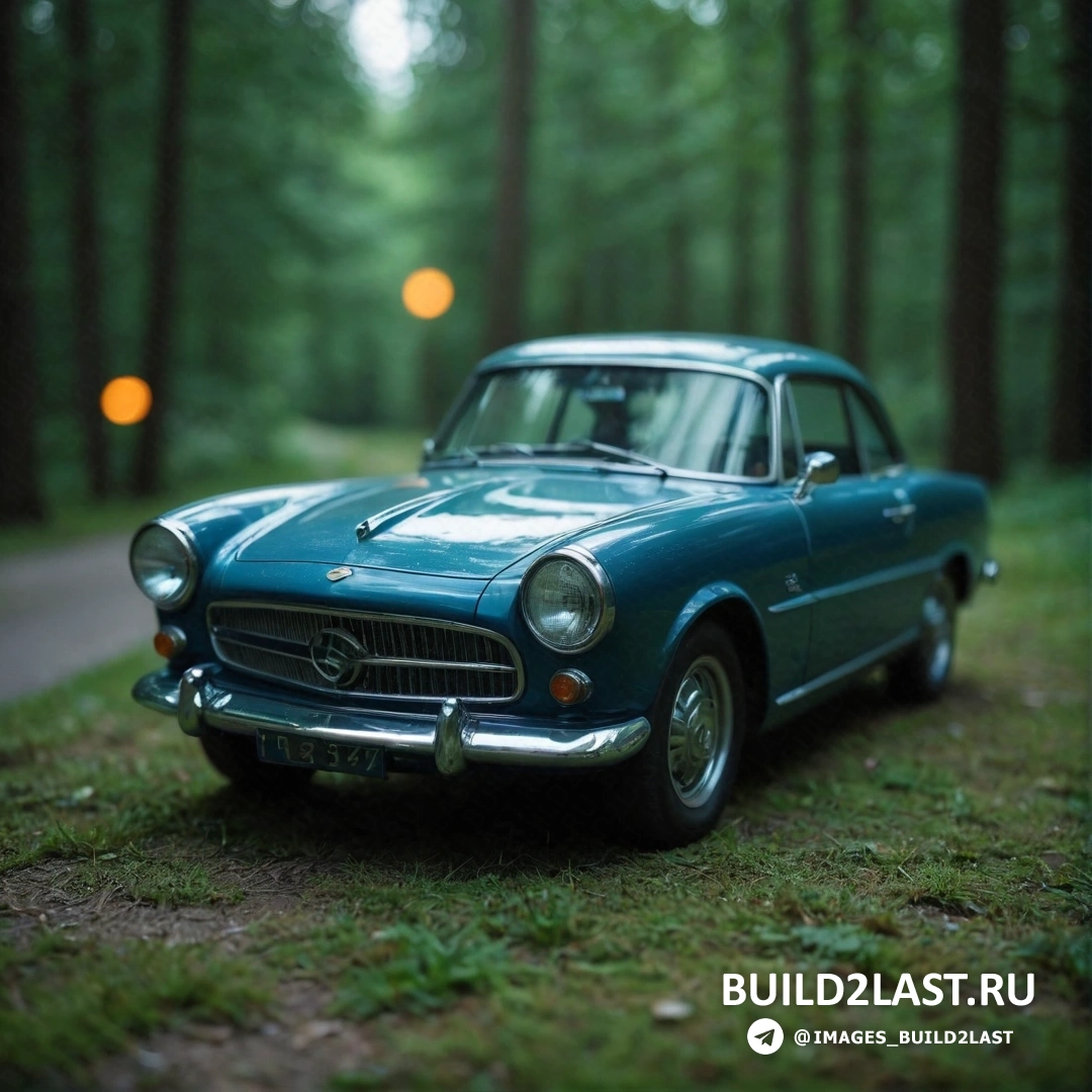 Фотореализм - фотография со сдвигом наклона. Синяя машина, припаркованная в траве возле лесной тропы, и дорога с огнями на ней и дерево на заднем плане
