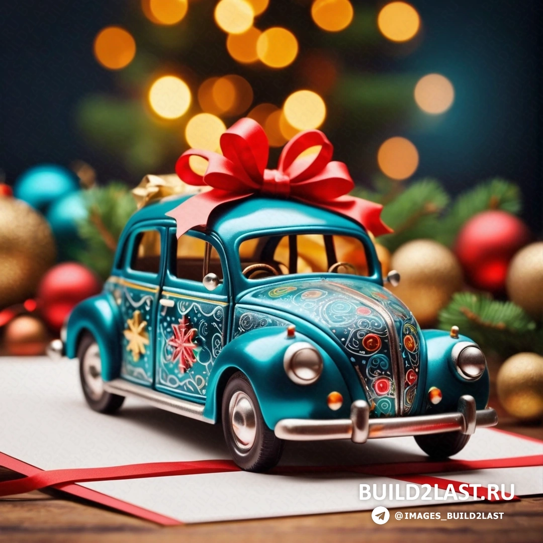 синяя машина с красным бантом наверху, на столе рядом с рождественской елкой