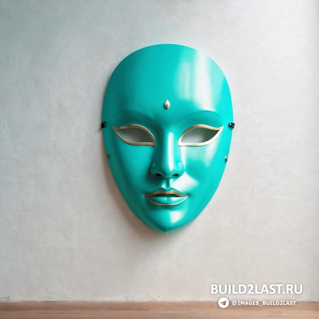 Гипермодернизм - 3D рендер. Синяя маска висит на стене рядом с деревянным столом и белой стеной.