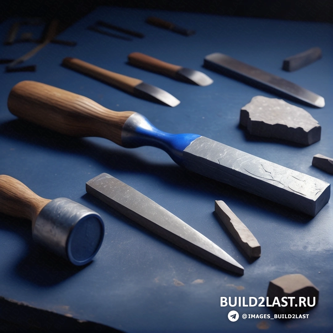 Движение декоративно-прикладного искусства - пазл. Синяя поверхность с ножом, точилкой и другими инструментами на ней.