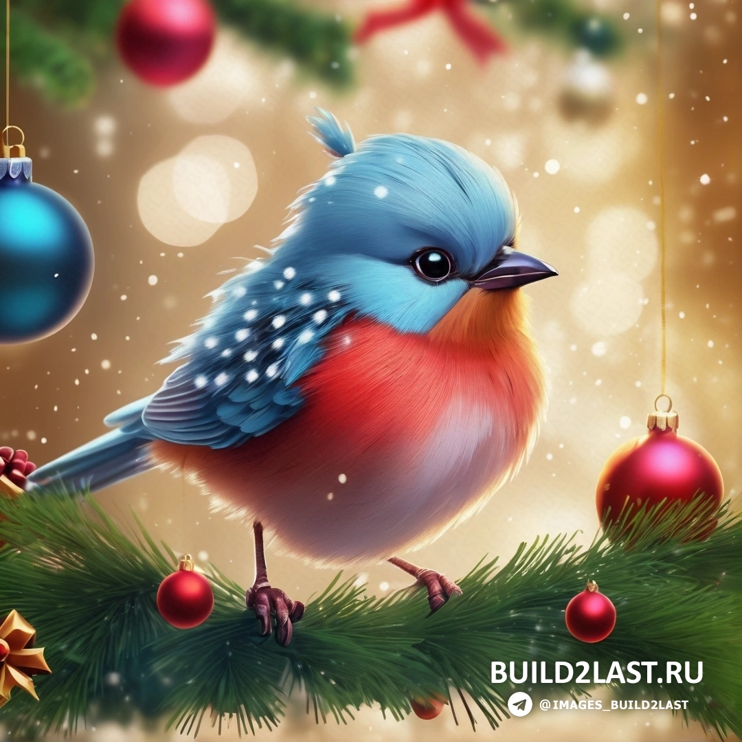 синяя птица, на вершине ветки рождественской елки с украшениями и красным шаром