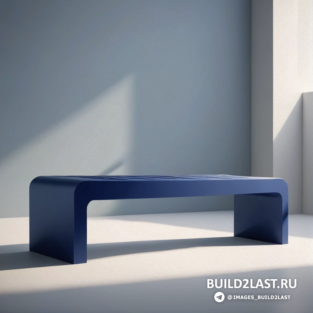 De stijl - 3D-рендер. Синяя скамейка в комнате рядом с окном с тенью на стене за ним