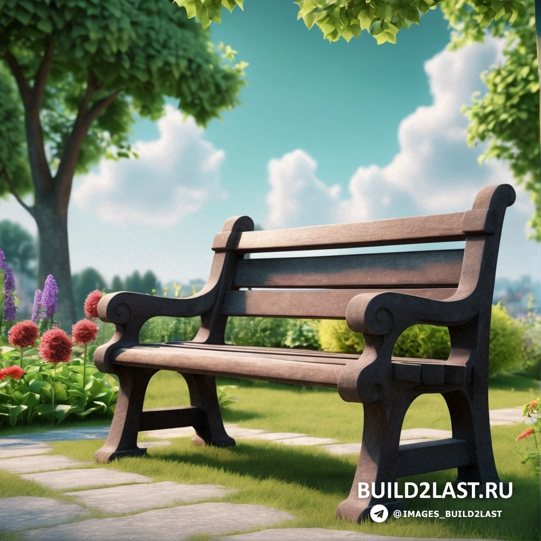 Фотореализм - 3D рендер. Парковая скамейка посреди парка с цветами вокруг и деревом на заднем плане.