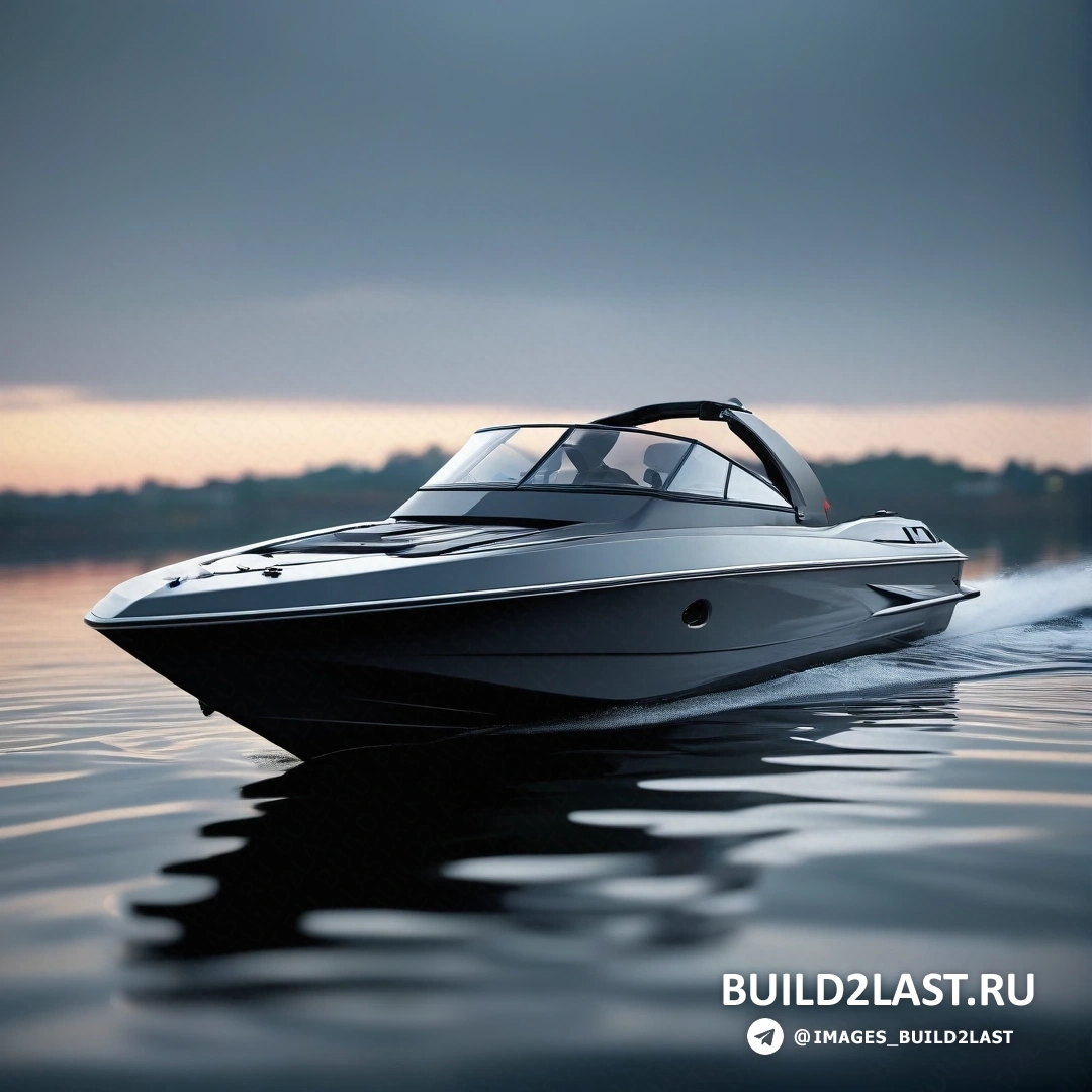 Фотореализм - 3D-рендер. Скоростной катер мчится по воде на закате или рассвете