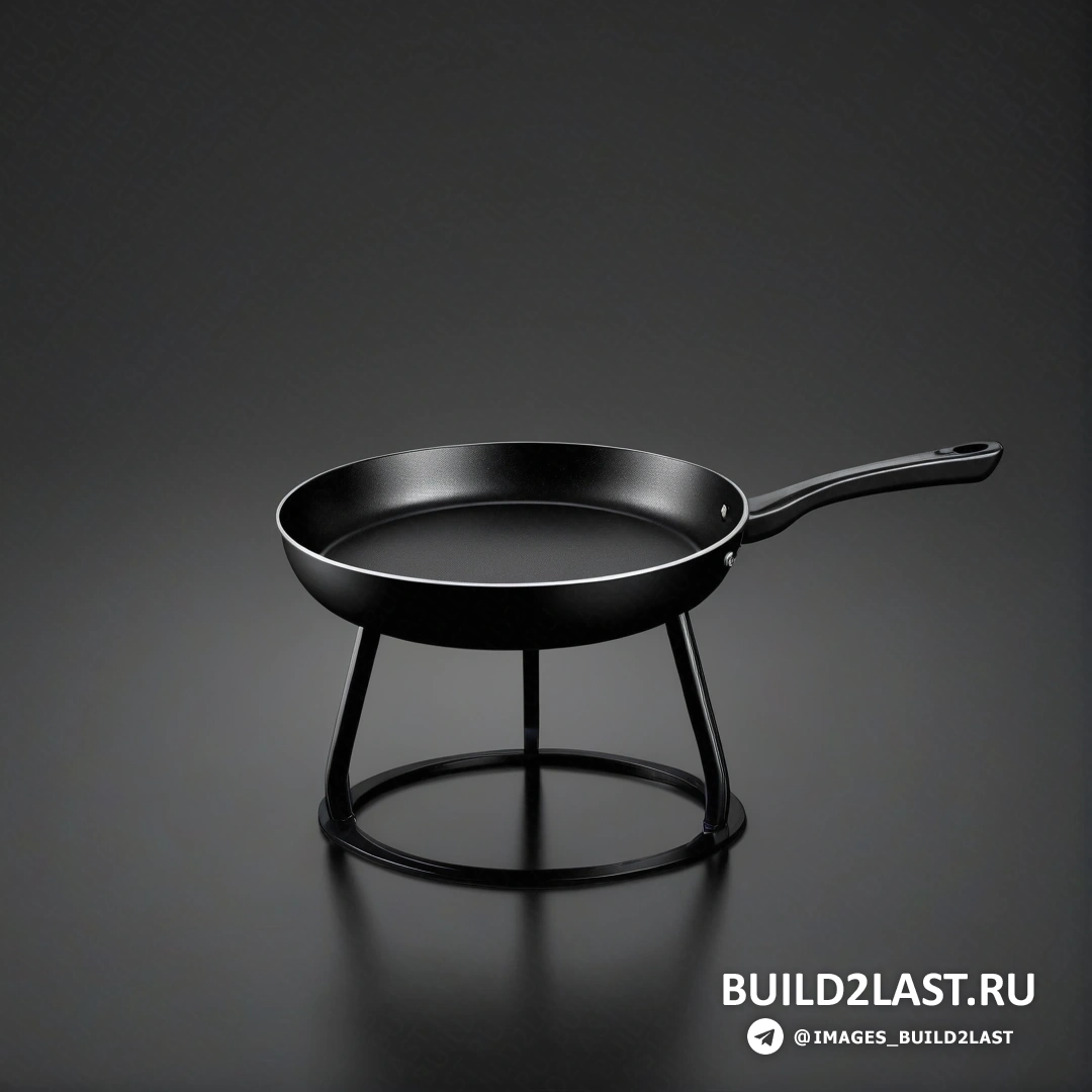 Панфутуризм - 3D-рендеринг. Сковорода с ручкой на черной поверхности с отражением сковороды на полу