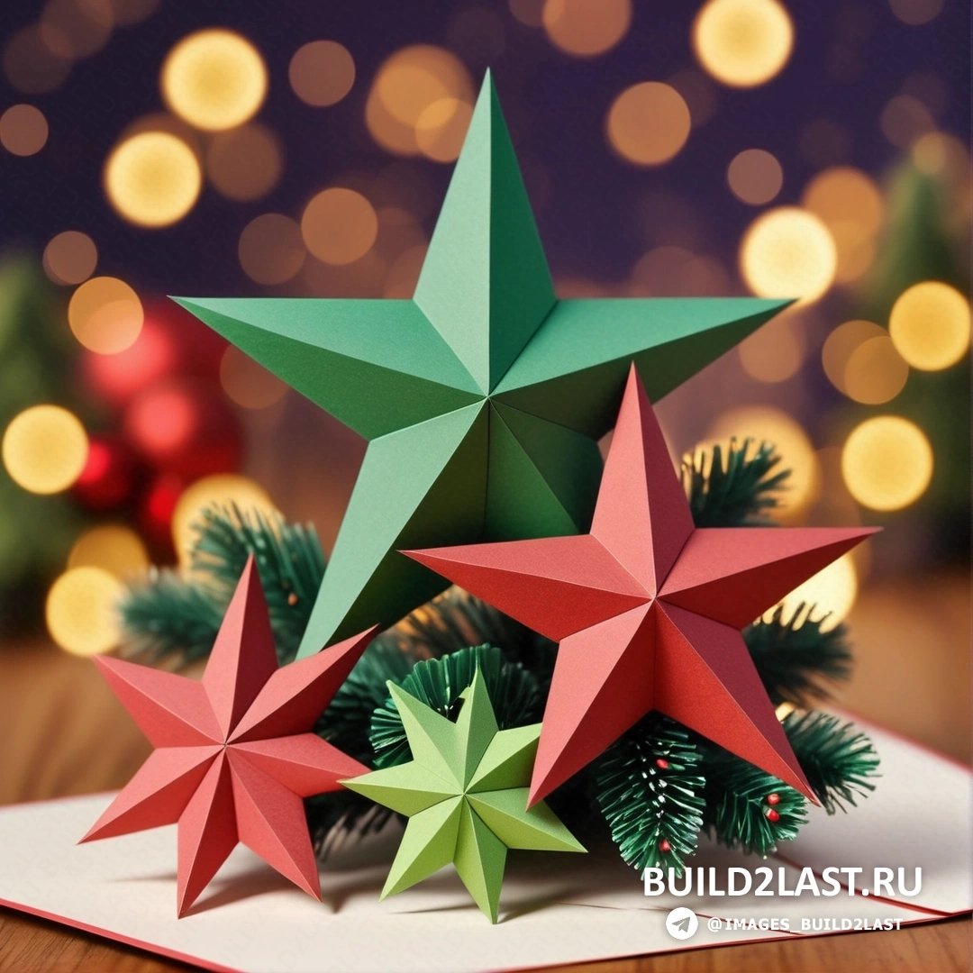 сложенная открытка с тремя звездами и рождественской елкой с огнями