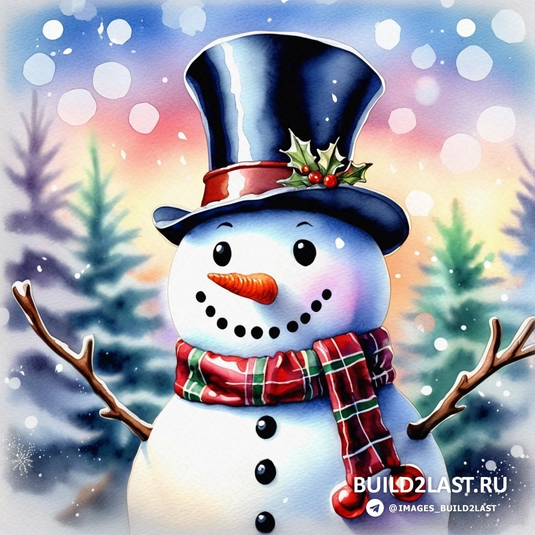 снеговик с цилиндром и шарфом и ягодой остролиста