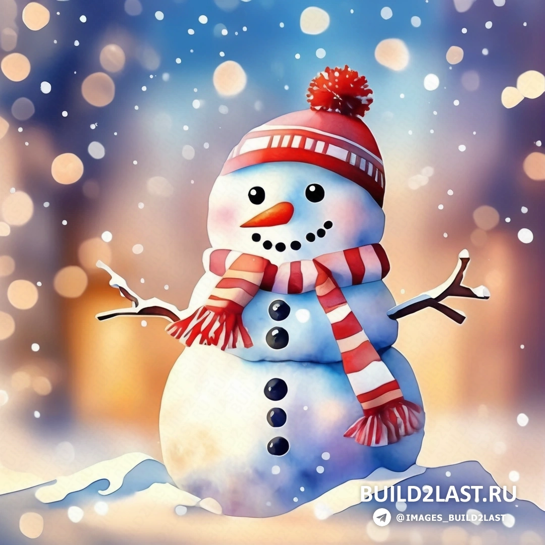 снеговик с красно-белым полосатым шарфом, красно-белой полосатой шапкой