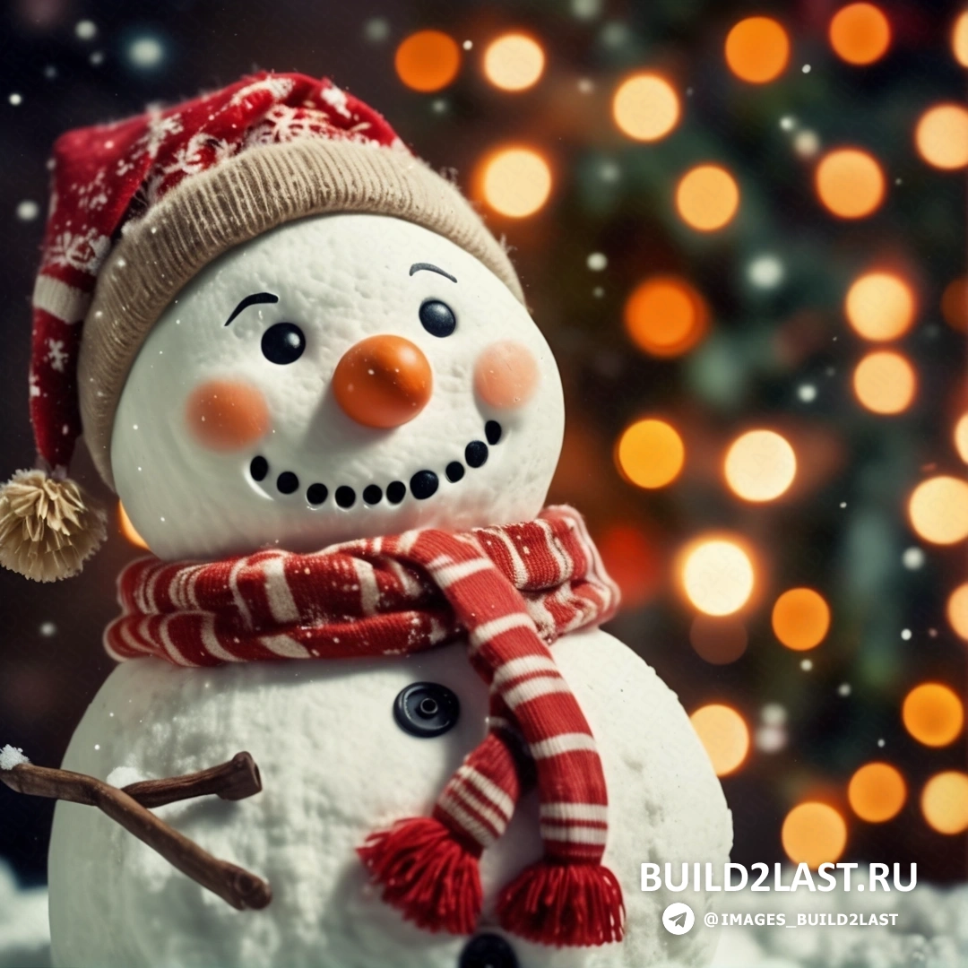 снеговик с красно-белым шарфом, красно-белой шапкой