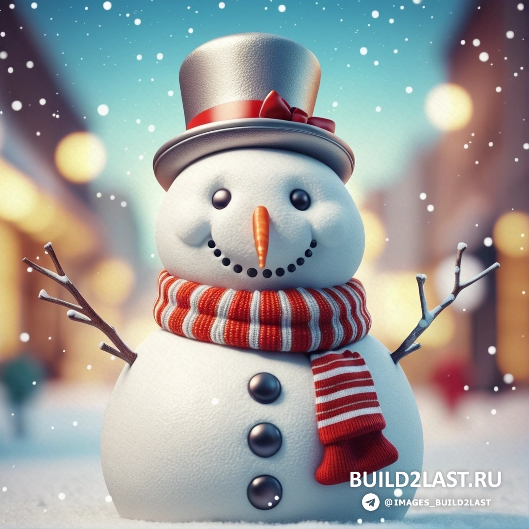 снеговик с красно-белым шарфом, шляпой на голове