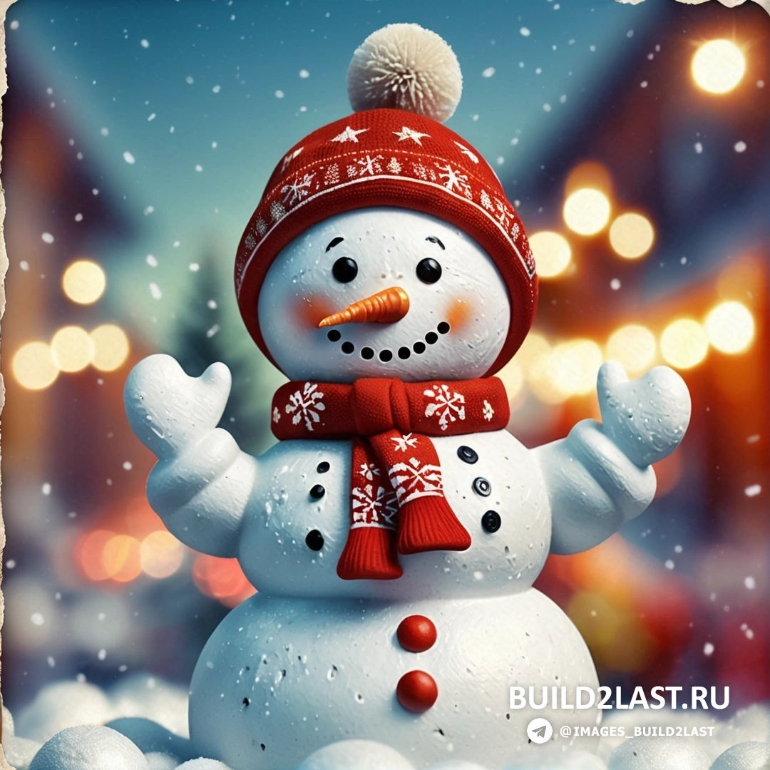 снеговик с красной шапкой и шарфом на голове и руками на снегу с размытым фоном