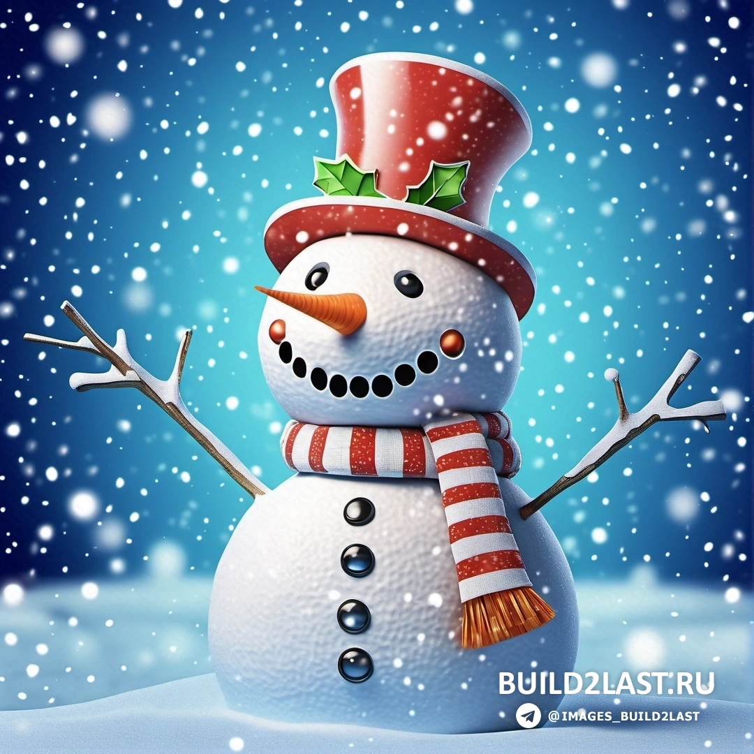 снеговик с красной шапкой и шарфом на голове и полосатым шарфом на шее