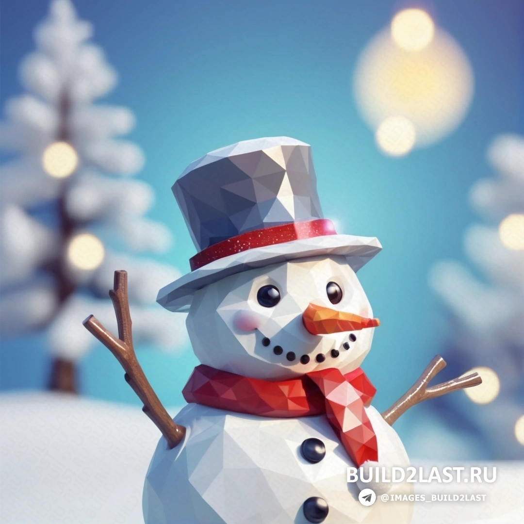 снеговик с красным шарфом и шляпой на голове и голубым небом