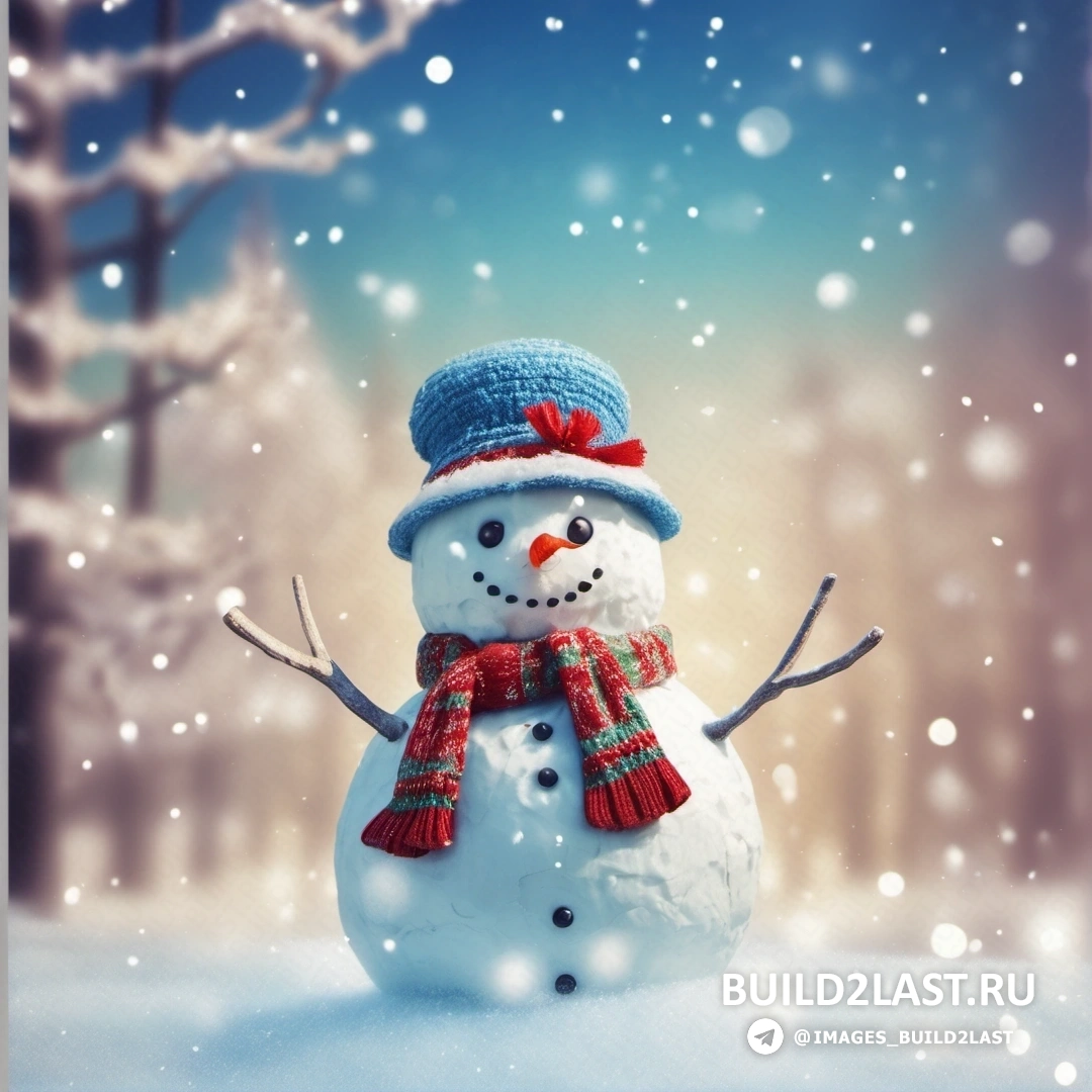 снеговик с красным шарфом, синей шляпой