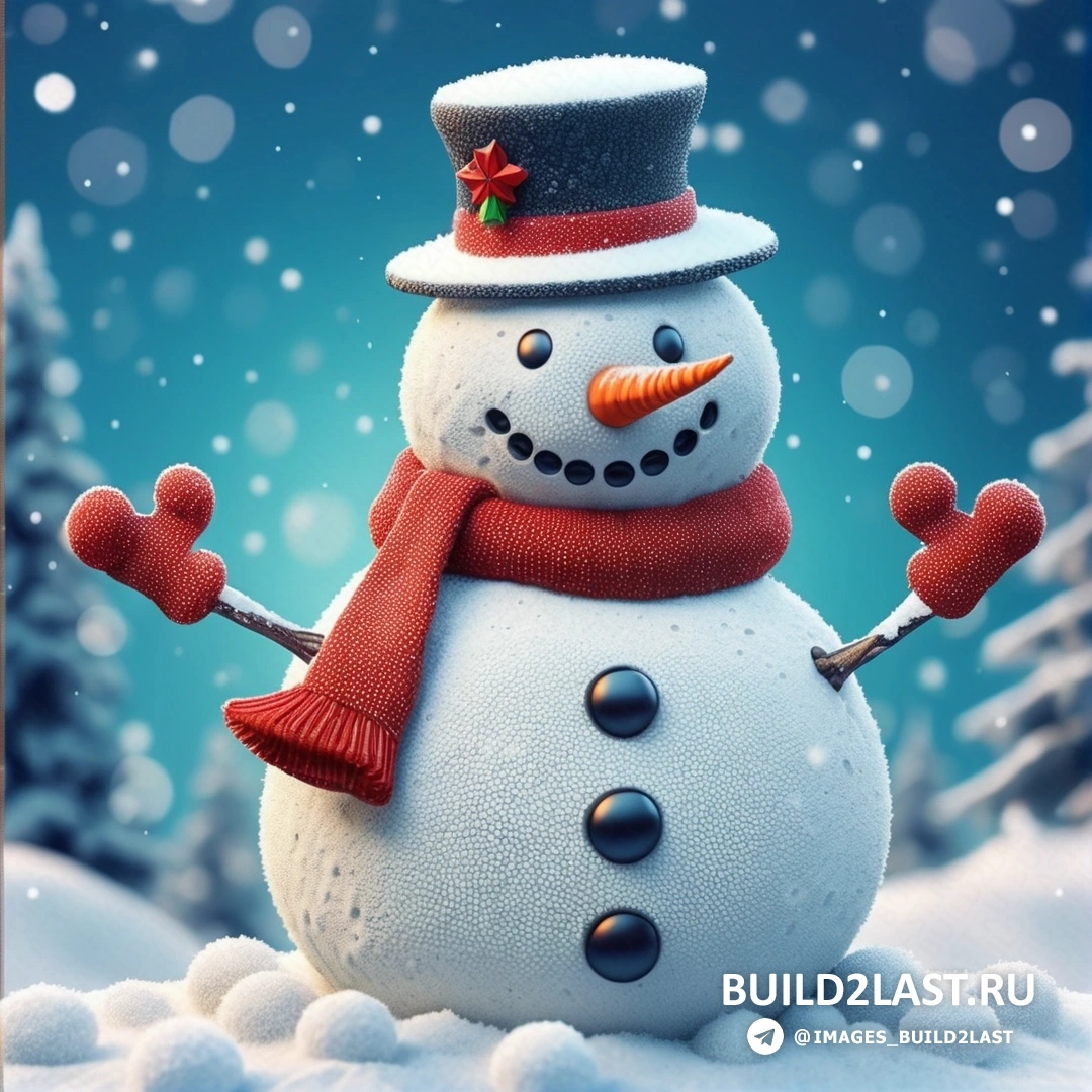 снеговик с красным шарфом и шапкой на голове и руках, стоящий на снегу