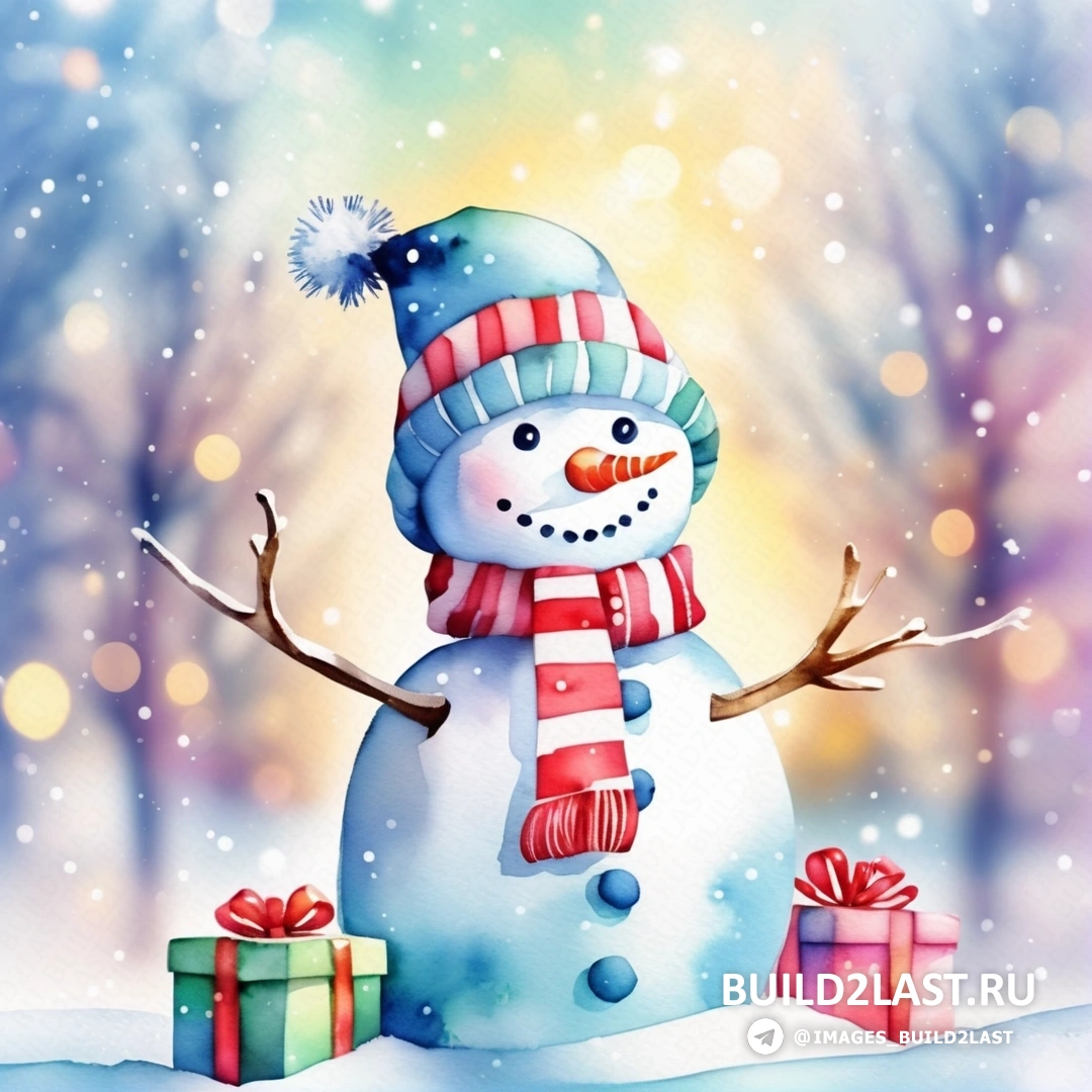 снеговик с шарфом и шляпой держит подарочную коробку на снегу на фоне рождественской елки