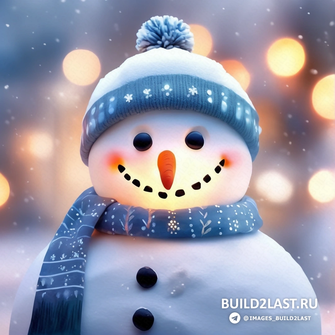 снеговик в синей шапке и синем шарфе