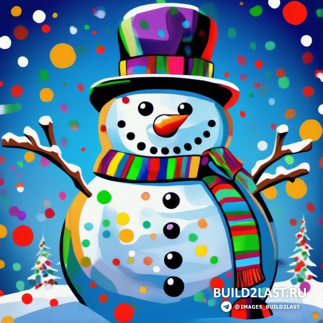 снеговик с яркой шапкой и шарфом на голове и синим фоном со снежинками