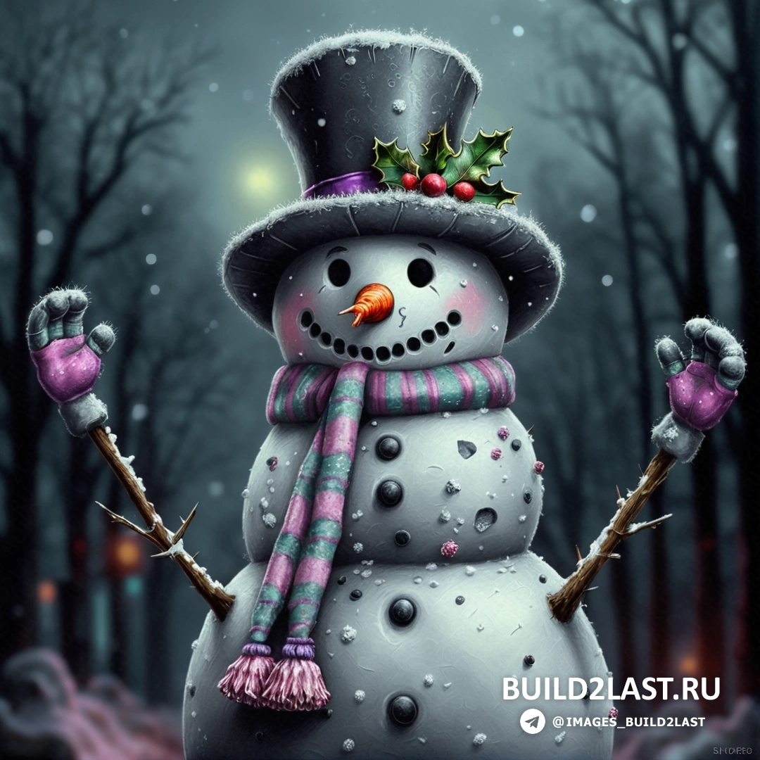 снеговик со шляпой и шарфом и ягодой остролиста