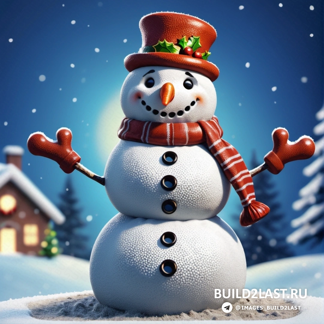 снеговик стоит на снегу в шапке и шарфе, вытянув руки перед снежной ночью