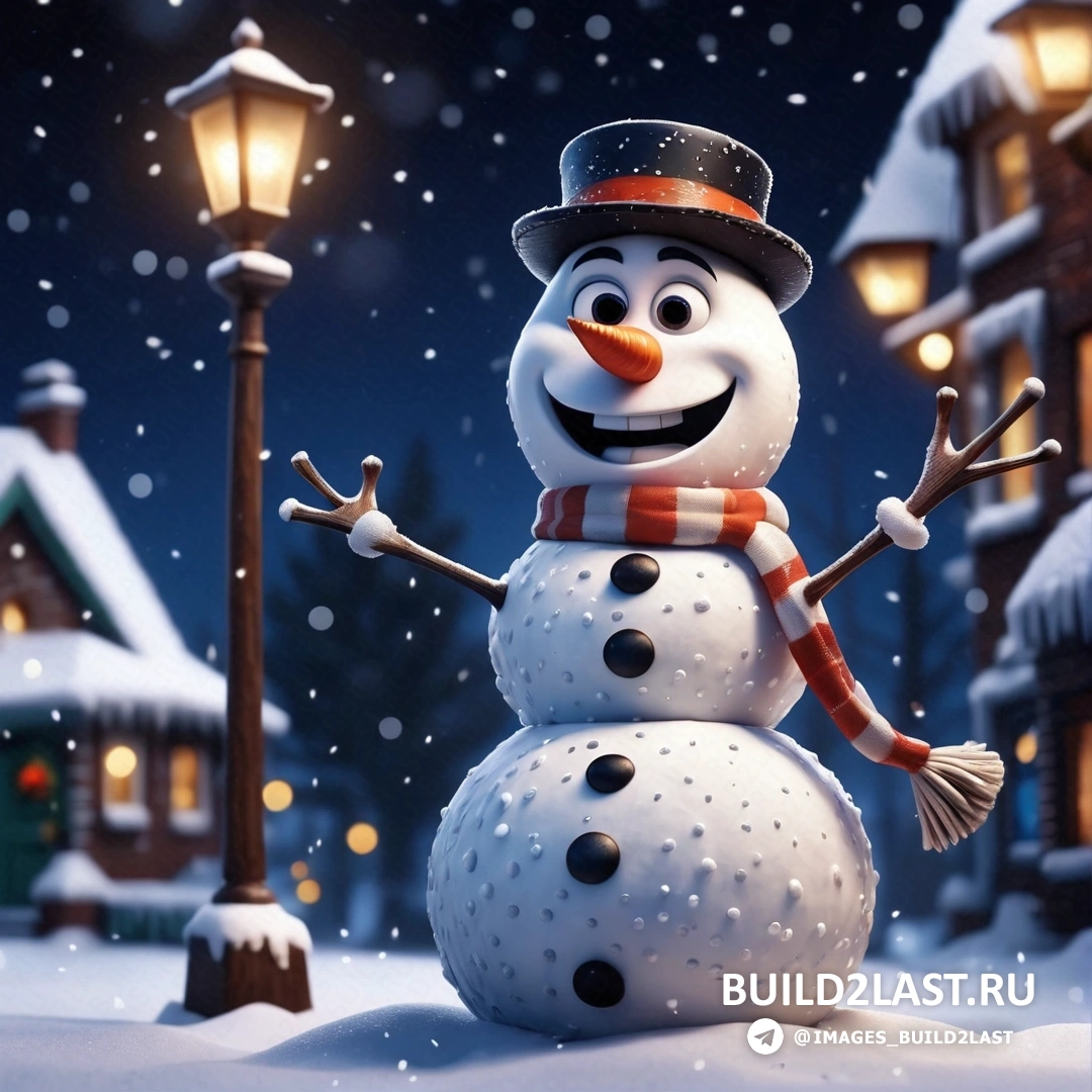 снеговик стоит на снегу с фонарным столбом и домом