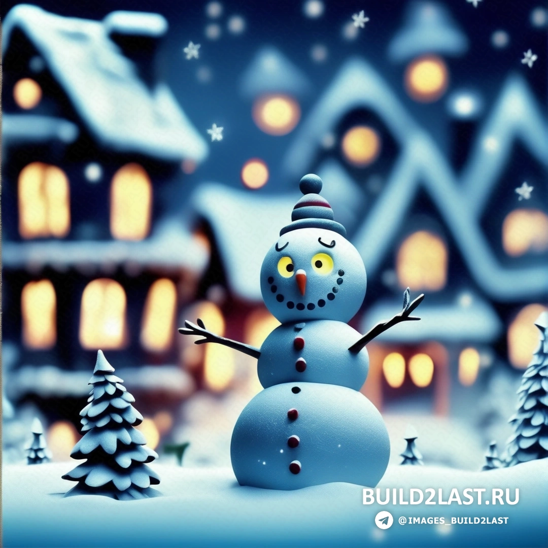 снеговик стоит на снегу перед домом с освещенной крышей и деревьями
