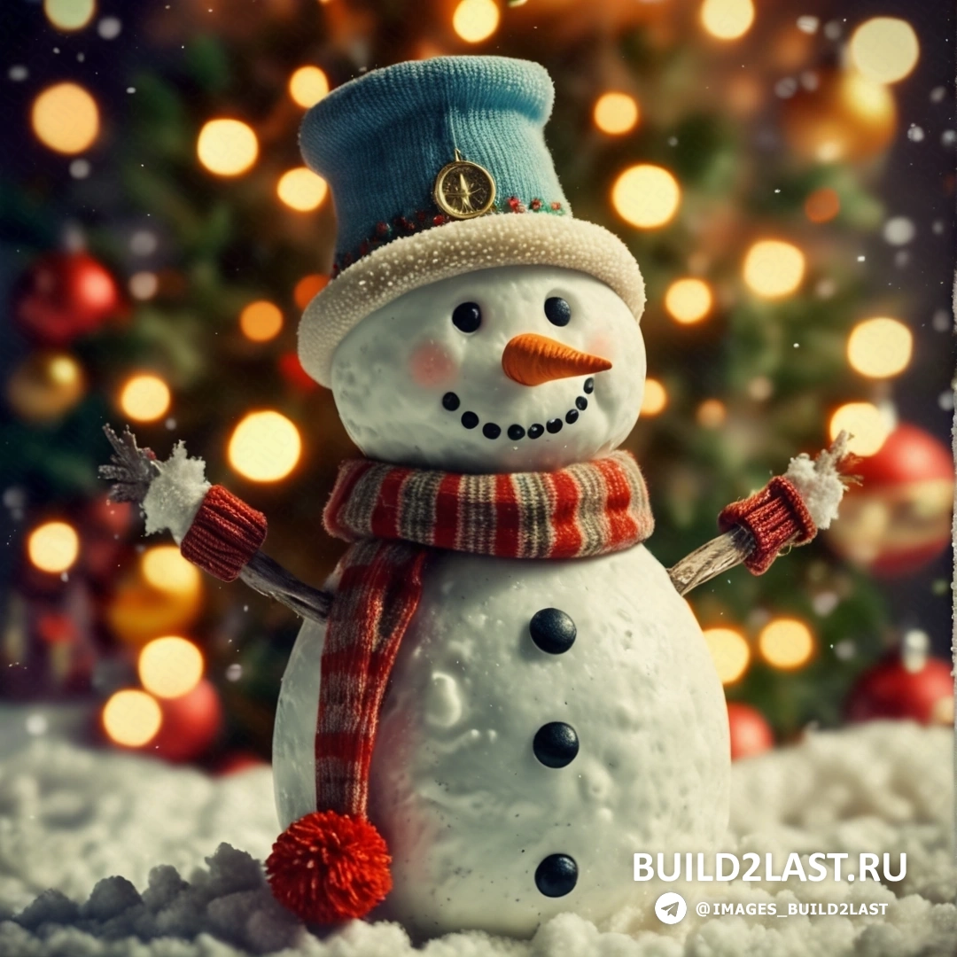 снеговик стоит на снегу, — рождественская елка с огнями и шапка снеговика