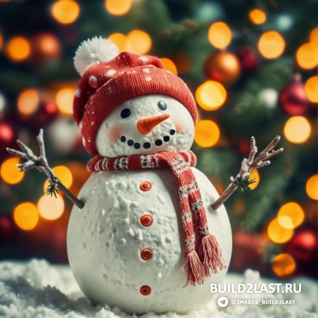 снеговик стоит на снегу, рождественская елка с огнями и в красной шляпе
