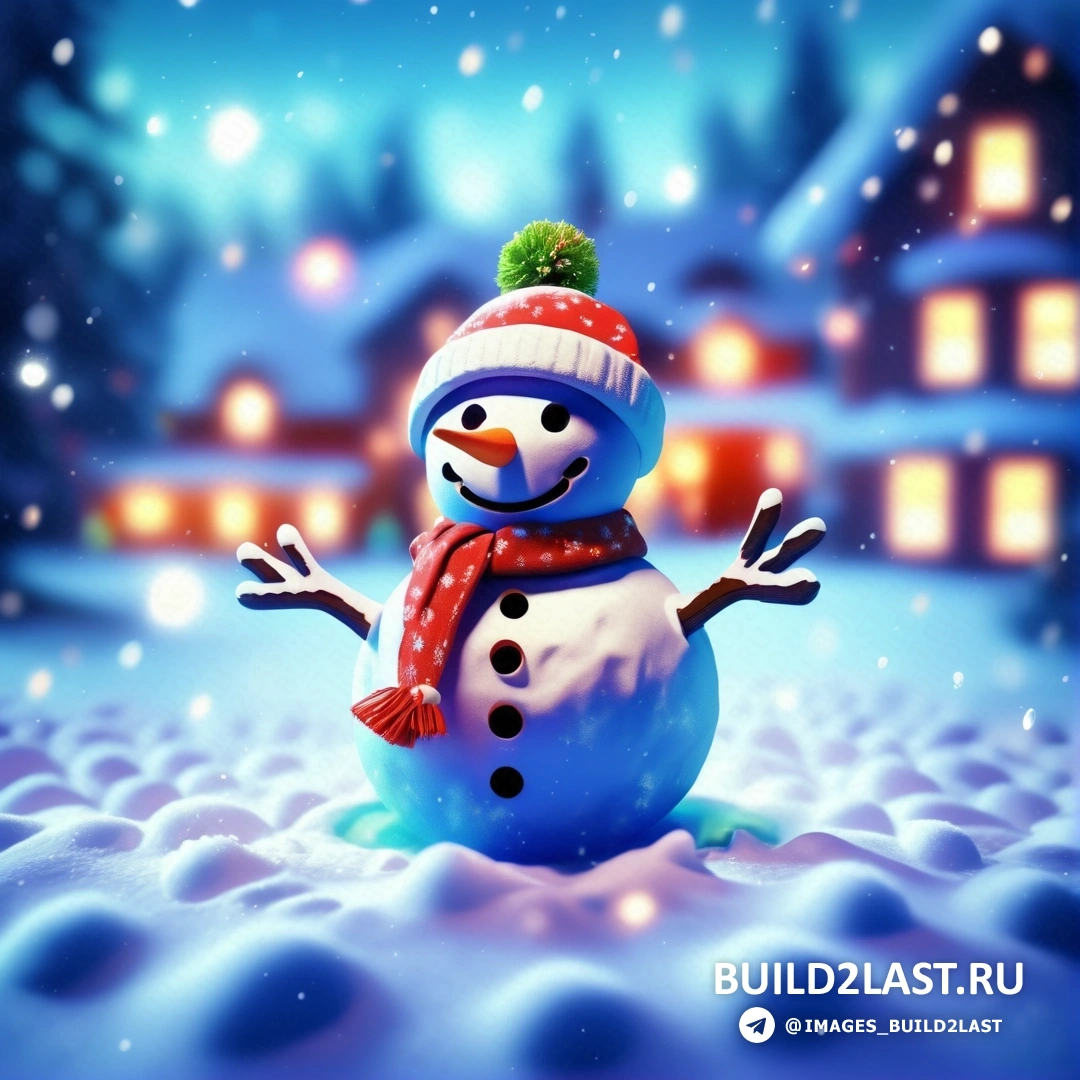 снеговик стоит ночью на снегу перед домом в красном шарфе и шляпе