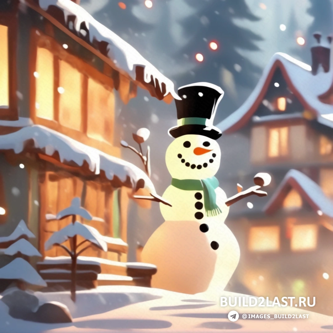 снеговик стоит перед домом на снегу в шапке и шарфе