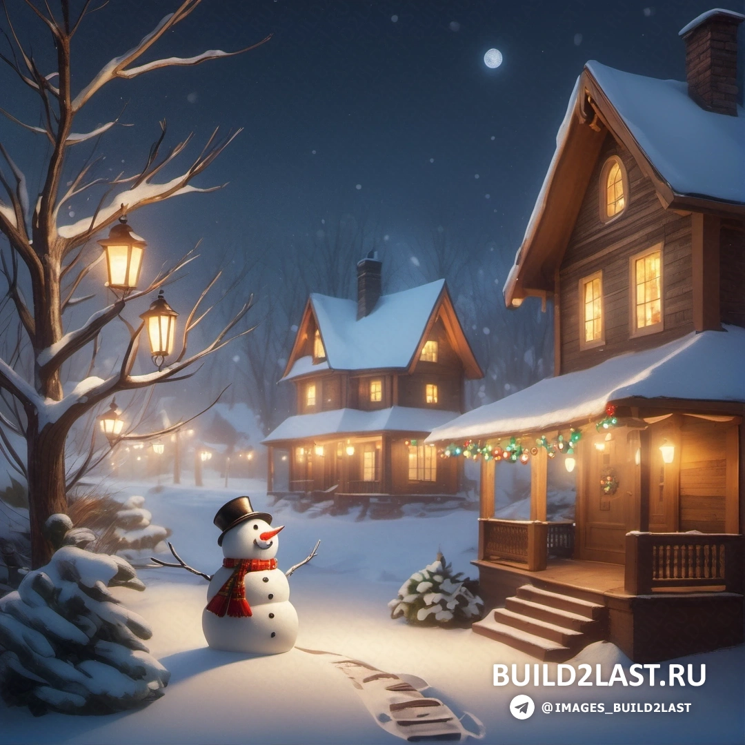 снеговик стоит перед домом ночью с полной луной в небе над головой