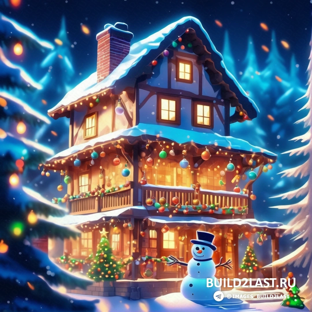 снеговик стоит перед домом с рождественскими гирляндами на крыше