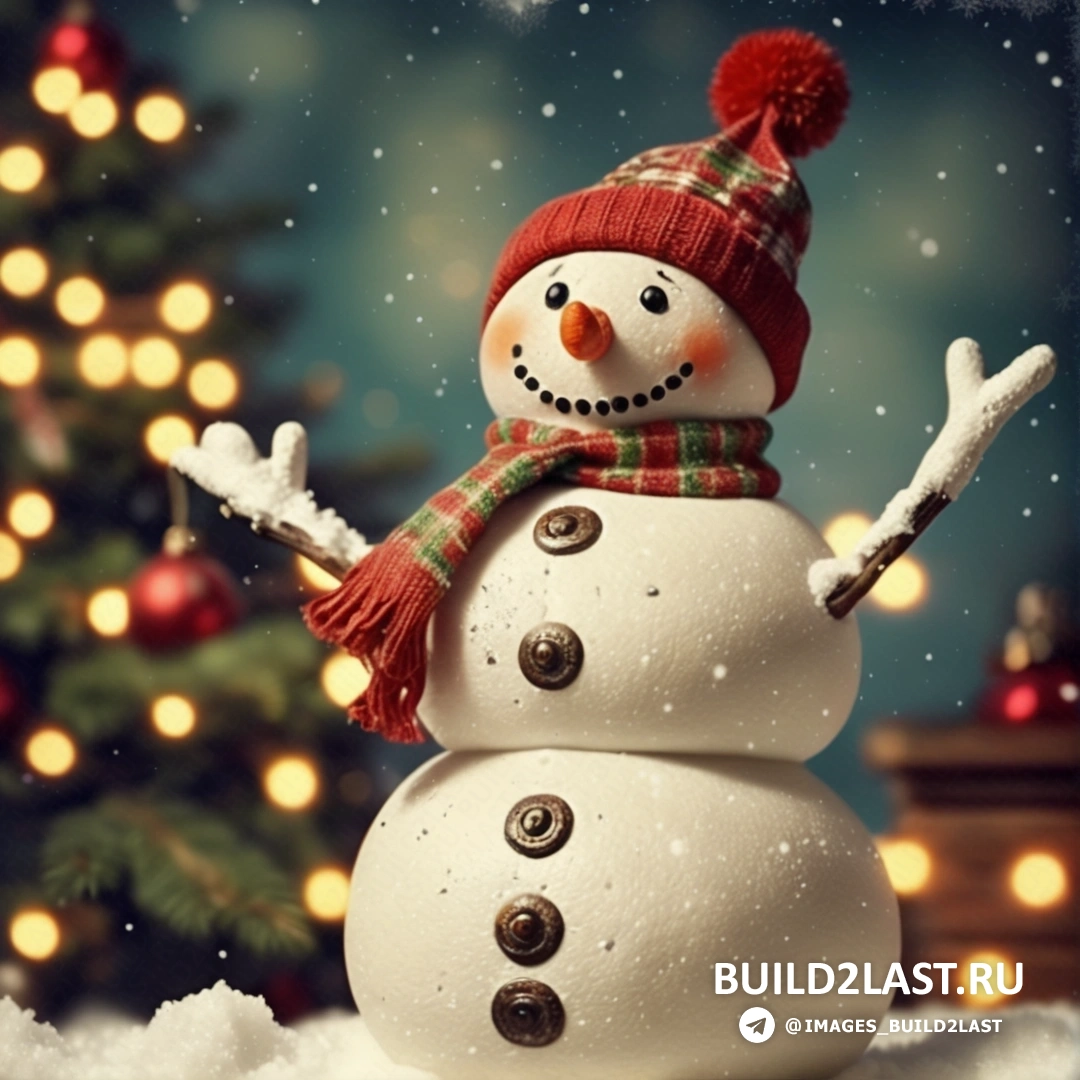 снеговик стоит перед елкой в красной шапке и шарфе