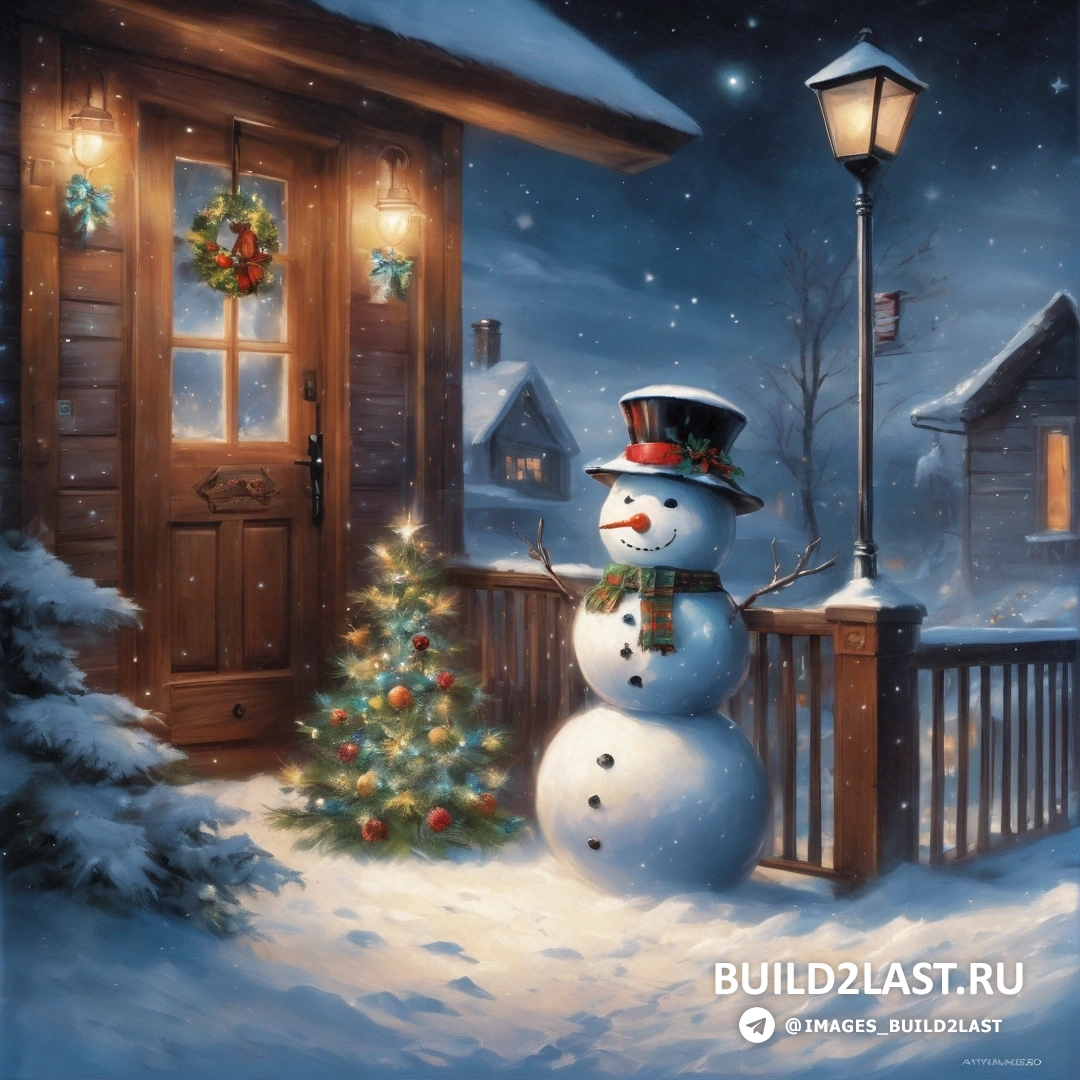 снеговик стоит перед крыльцом с елкой и зажженным фонарным столбом