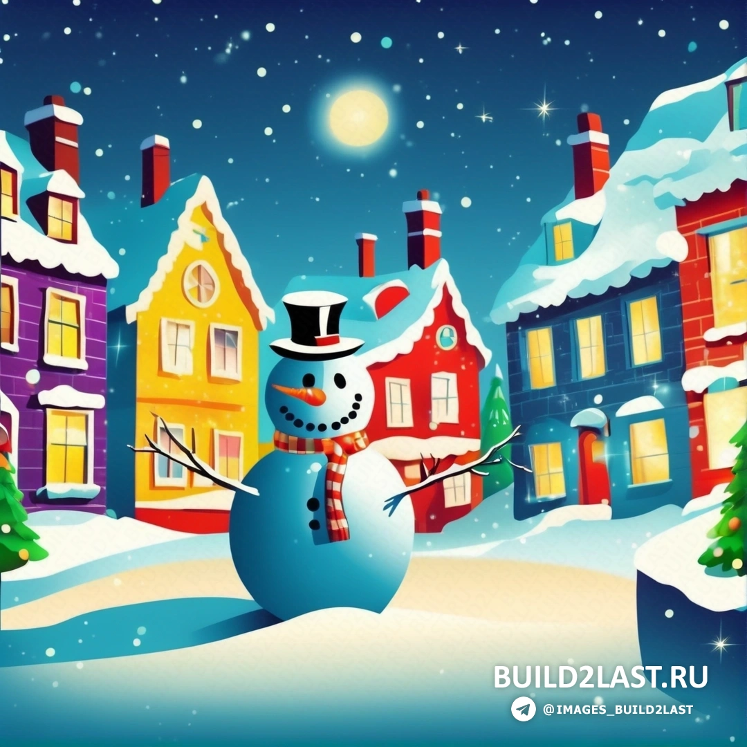 снеговик стоит перед заснеженной деревней с рождественской елкой и домом с дымоходом