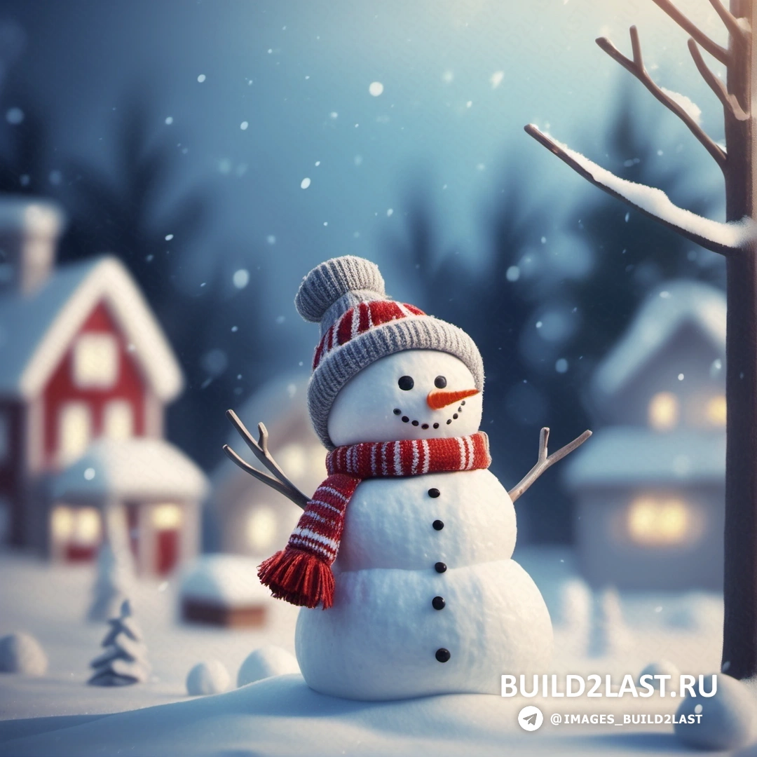 снеговик стоит в снегу перед домом и деревом с красным шарфом