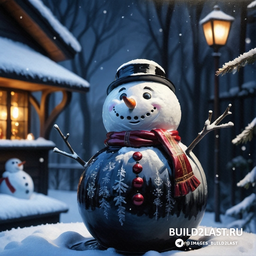 снеговик стоит в снегу возле дома с рождественской елкой и огнями на крыше
