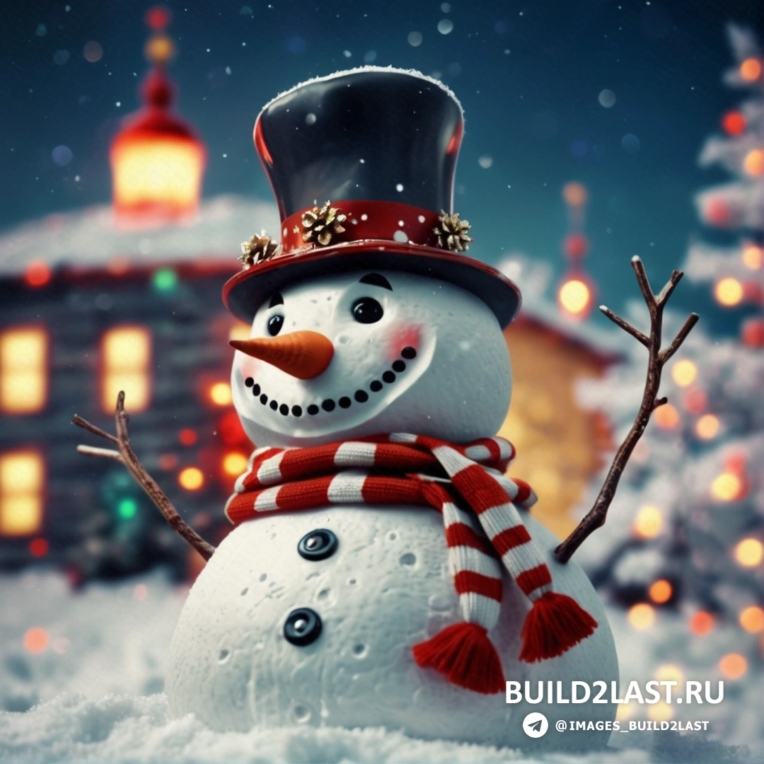 снеговик в цилиндре и шарфе на снегу, дом с рождественскими огнями