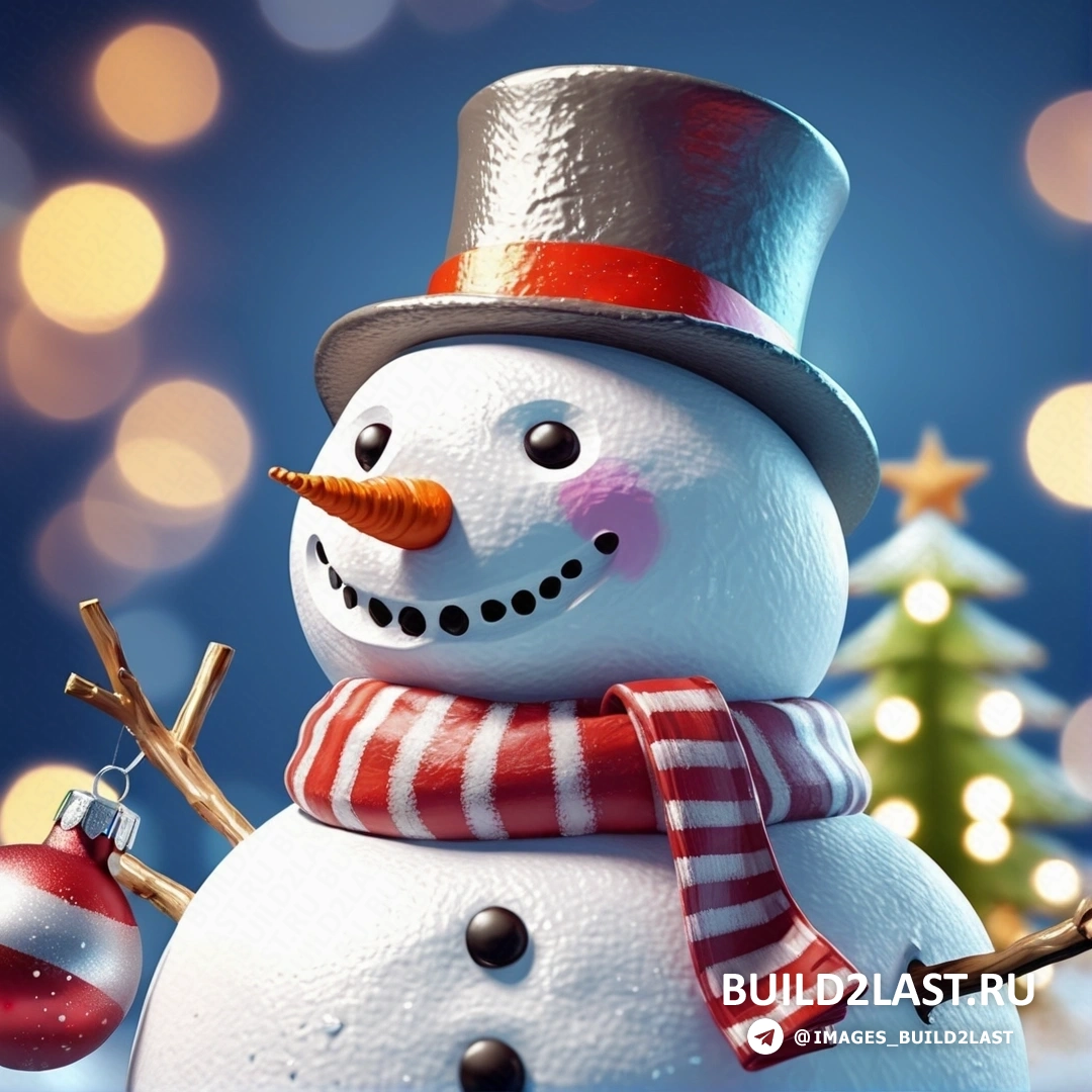 снеговик в цилиндре и шарфе и рождественская елка с огнями и боке