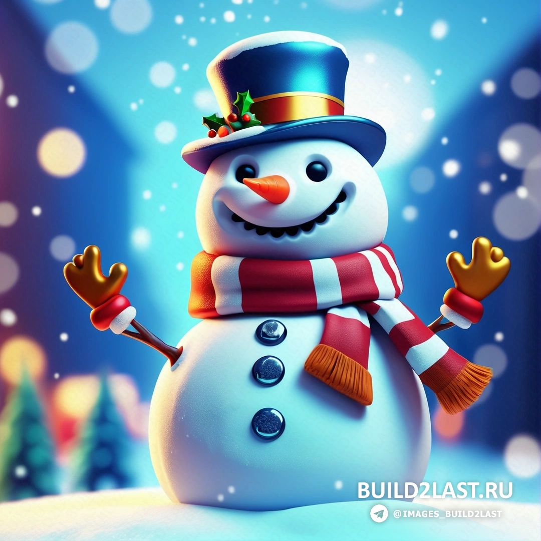 снеговик в цилиндре и шарфе на снегу с прожектором и рождественской елкой
