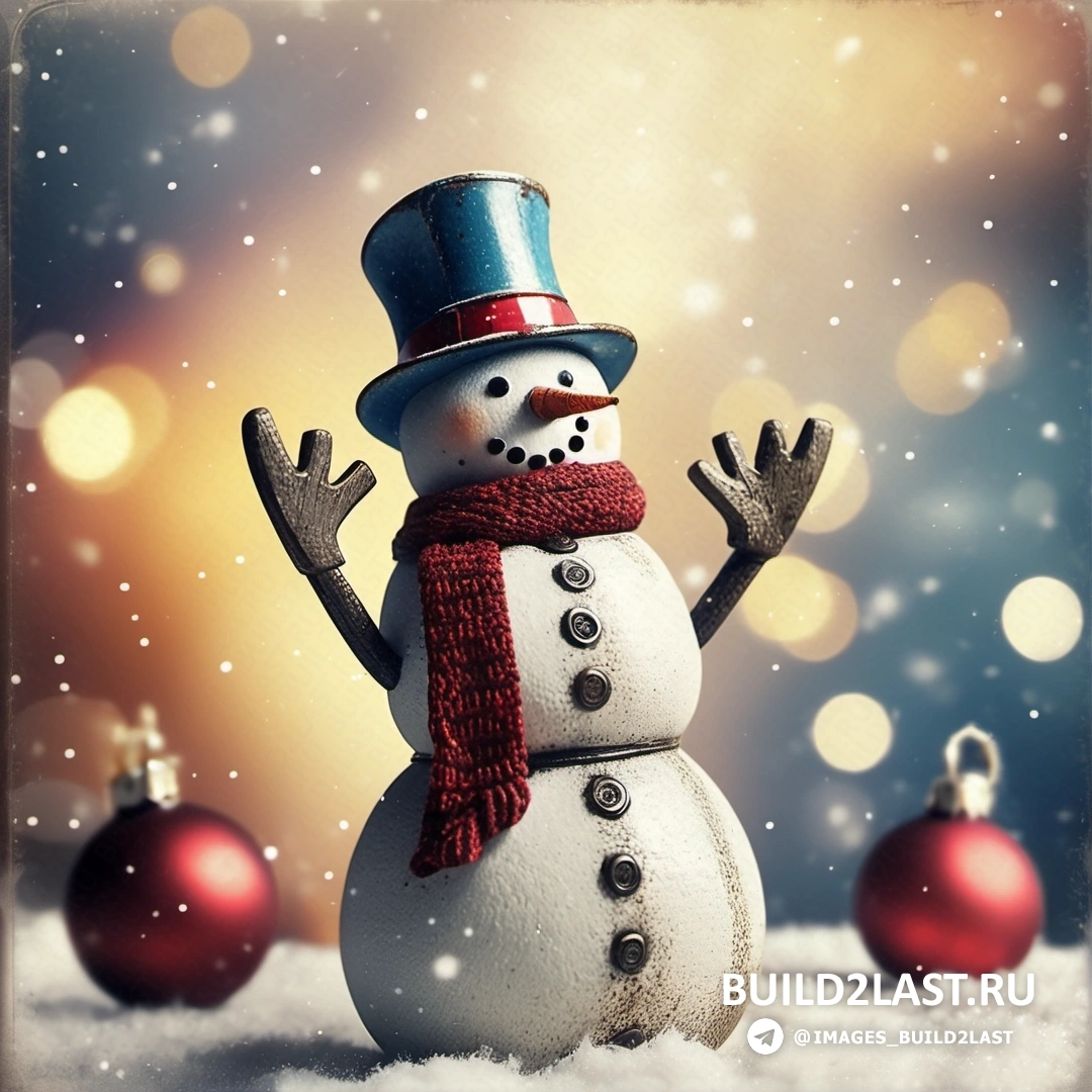 снеговик в цилиндре и шарфе на снегу с рождественскими украшениями вокруг него и размытым фоном
